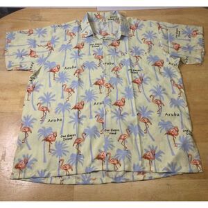 Rima‎ Mens Aruba Island Tropical Shirt XL Pink Flamingo Short Sleeve Terivoile